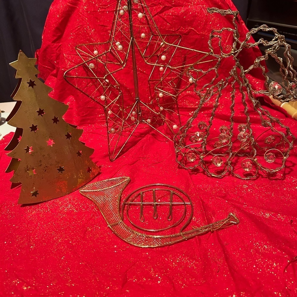 Christmas gold- French horn- wire angel- wire star- metal Christmas tree-used
